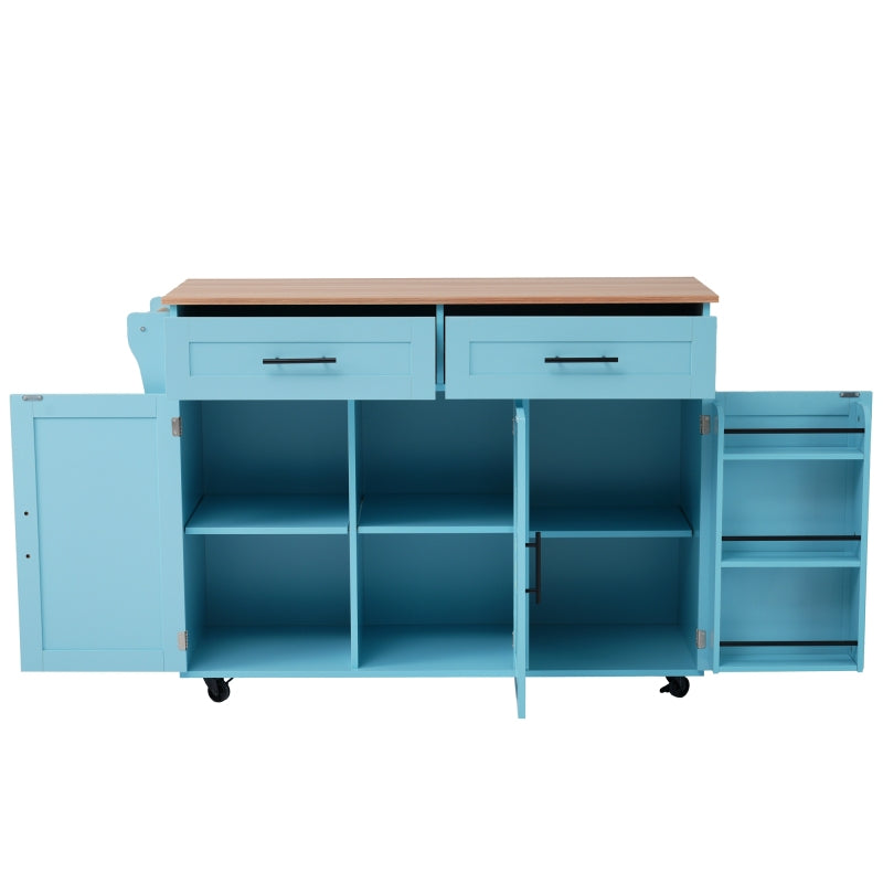 129x46(71)x91,5 cm großer Speisewagen/Sideboard, Arbeitsplatte mit Massivholzmaserung + blauer Schrank/faltbare Arbeitsplatte/Aufbewahrungstür-Design/Räder/Massivholzfüße umschaltbar/für Zuhause geeig