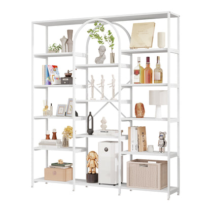 Regal 160x30x180 cm aus Stahl & MDF, modernes Bücherregal mit Bogen-Design, offene Fächer, hoher Stauraum, Weiß
