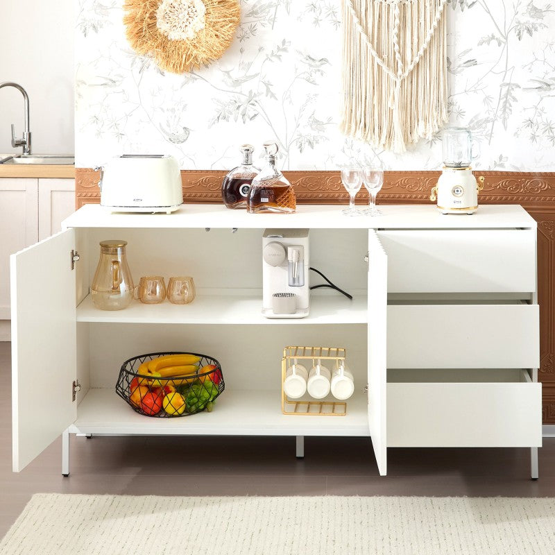 1.5m weißes modernes minimalistisches Sideboard, Aufbewahrungsschrank, Wellenmuster-Design, verstellbare Einlegeböden, 3 Schubladen, geeignet für Küche, Wohnzimmer, Korridor und andere Multi-Szene