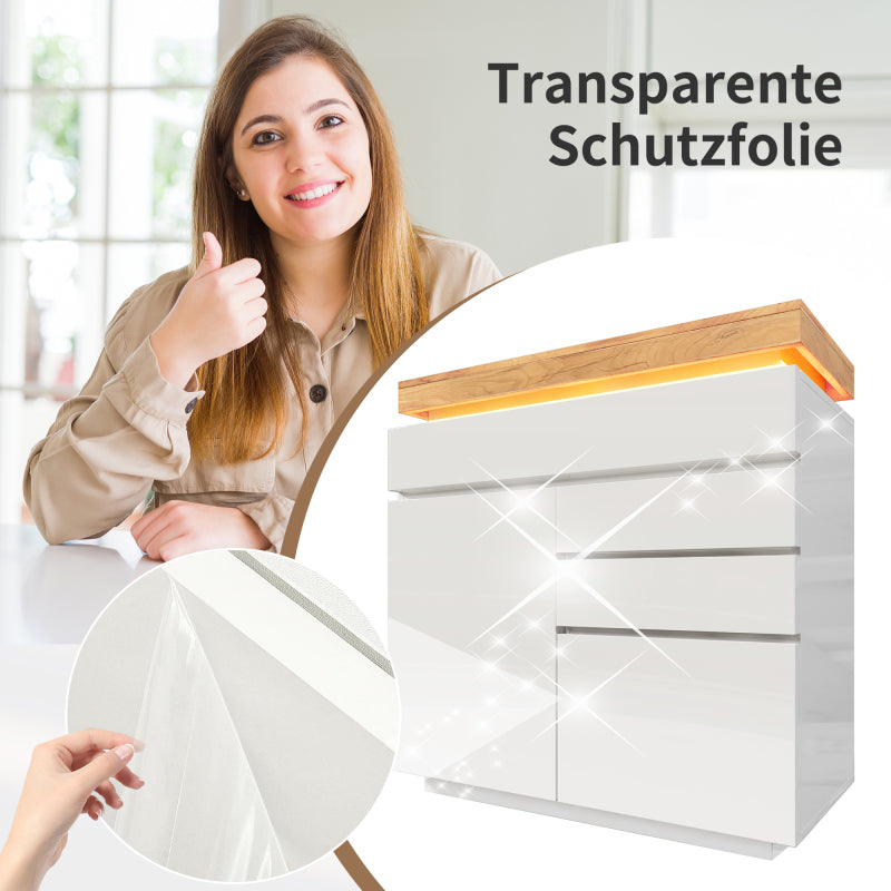 Kommode, Hochglanz Sideboard mit 2 Türen und 3 Schubladen, LED Beleuchtung (App Control), Mehrzweckschrank für Wohnzimmer und Schlafzimmer, 115 x 110 x 39 cm, Weiß