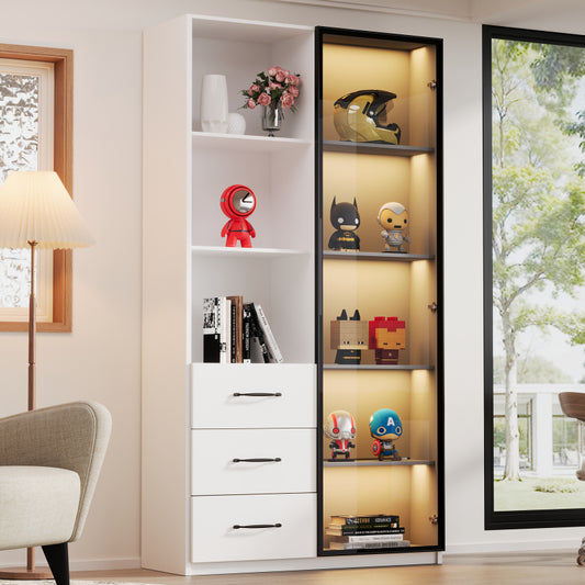 LED-Vitrine, 3 Schubladen und 3 offene Fächer, mehrfarbige LEDs, Bücherschrank, Küchenschränke 80 x 40 x 160 cm