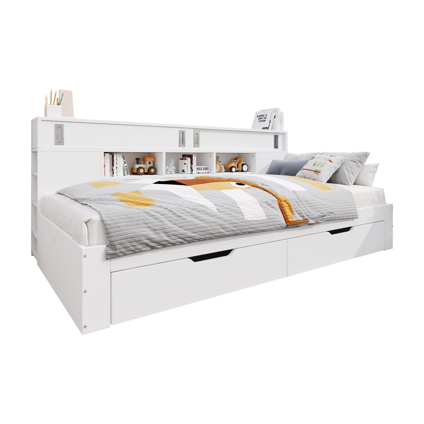 Kinderbett 140x190cm Funktionsbett mit Stauraum, Daybed inkl. 2 Schubladen, Regalen & Schrank, Stauraumbett aus MDF, Jugendbett, Weiß