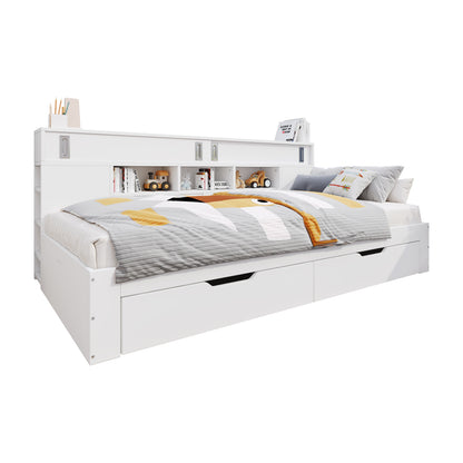 Kinderbett 140x190cm Funktionsbett mit Stauraum, Daybed inkl. 2 Schubladen, Regalen & Schrank, Stauraumbett aus MDF, Jugendbett, Weiß