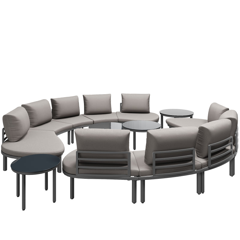 Gartenmöbel-Set (10 Sitzplätze), 4 Couchtische aus gehärtetem Glas, verzinkter Eisenrahmen, bequeme Gartenmöbel mit grauen Sitzpolstern und Kissen, verstellbare Beine, elegantes rundes Sofa