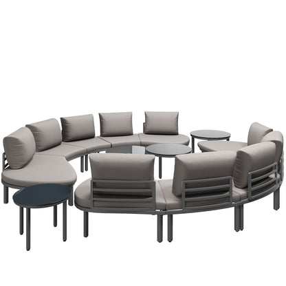 Gartenmöbel-Set (10 Sitzplätze), 4 Couchtische aus gehärtetem Glas, verzinkter Eisenrahmen, bequeme Gartenmöbel mit grauen Sitzpolstern und Kissen, verstellbare Beine, elegantes rundes Sofa