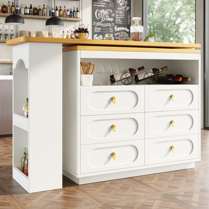 Bartisch ausziehbar 138-203cm, 360° drehbarer Stehtisch mit 6 Schubladen & Snack-Regal, moderner Küchentisch, Schreibtisch & Bar, Weiß