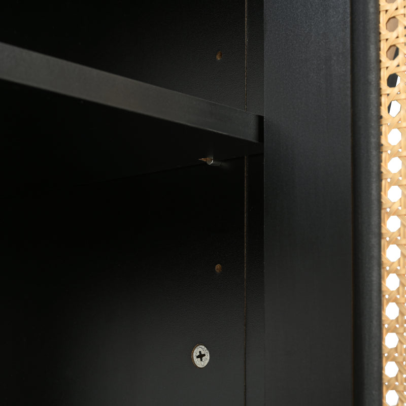 Modernes Sideboard im minimalistischen Stil 4-Rattantür, Metallgriff einfaches Buffetschrank für Esszimmer, Wohnzimmer, Küche (Schwarz)