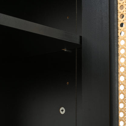 Modernes Sideboard im minimalistischen Stil 4-Rattantür, Metallgriff einfaches Buffetschrank für Esszimmer, Wohnzimmer, Küche (Schwarz)
