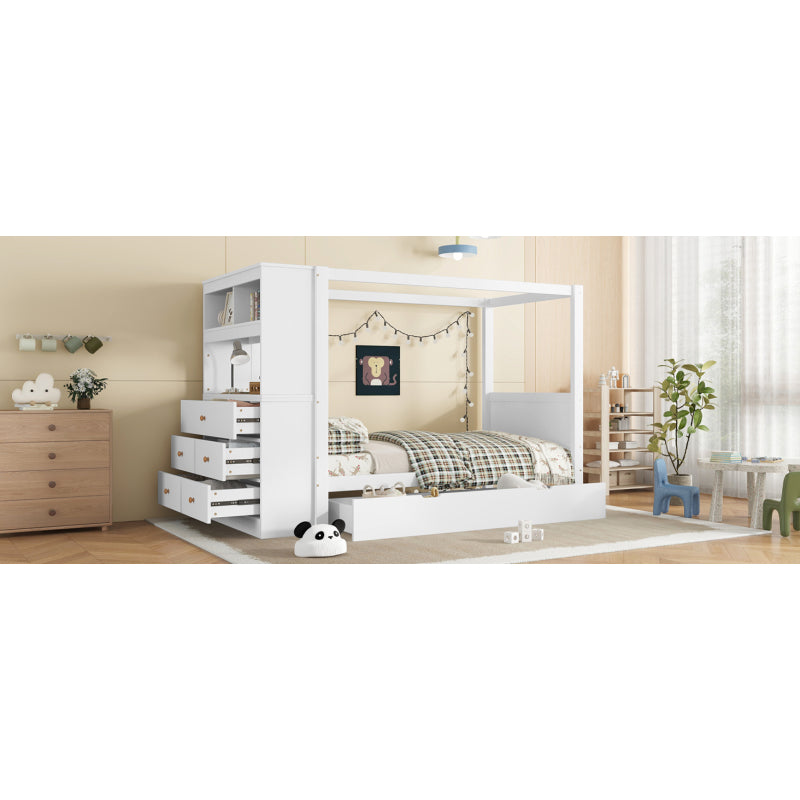 Einzelbett, Kinderbett mit Fallschutz und Gitter,  Holzbett mit Stauraum, Weiß+Natur,  90x200cm