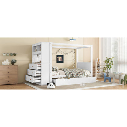 Einzelbett, Kinderbett mit Fallschutz und Gitter,  Holzbett mit Stauraum, Weiß+Natur,  90x200cm