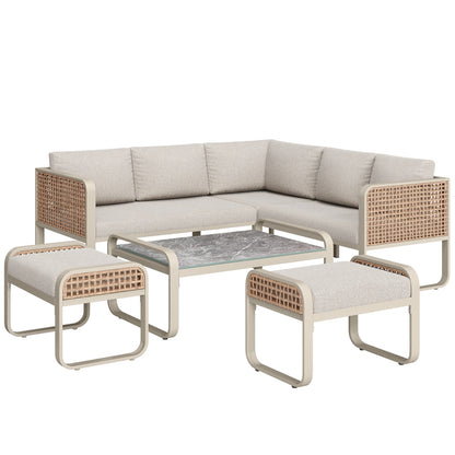 Garten-Lounge-Set, Rattan-Möbel-Set für 6-7 Personen, Ecksofa mit verzinktem Eisengestell, verstellbare Beine, inklusive aller Sitz- und Rückenkissen, beige