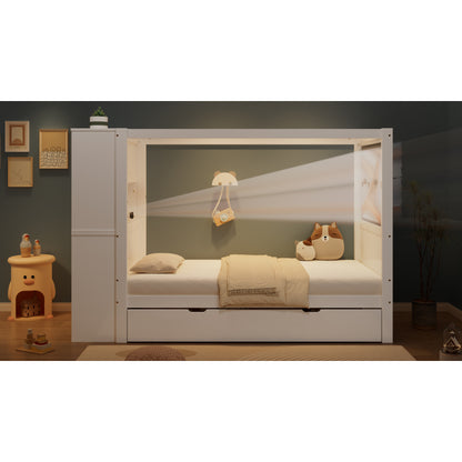 Einzelbett, Kinderbett mit Fallschutz und Gitter,  Holzbett mit Stauraum, Weiß+Natur,  90x200cm