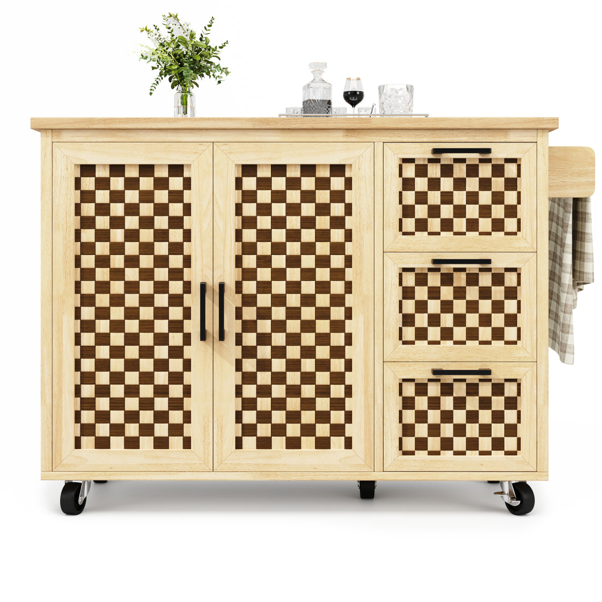 Kücheninsel 120x75cm klappbar Servicewagen mit Rollen, Buffetschrank Natur Holzoptik, Schachbrettmuster, 3 Schubladen & Handtuchhalter