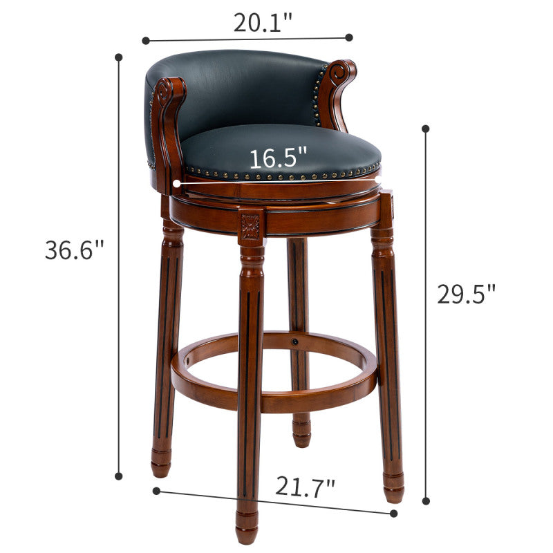 Barhocker aus Holz mit Kuhfell-Obermaterial, 360-Grad-Drehstuhl in Barhöhe mit Rückenlehne, Blau+Sitzhöhe 65 cm