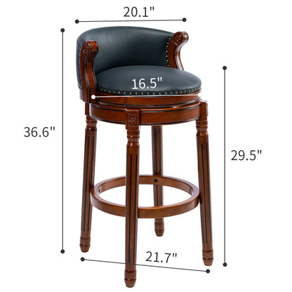 Barhocker aus Holz mit Kuhfell-Obermaterial, 360-Grad-Drehstuhl in Barhöhe mit Rückenlehne, Blau+Sitzhöhe 65 cm