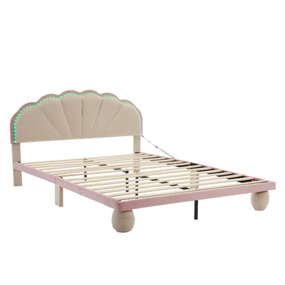 Polsterbett mit mehrfarbigen, wechselnden Lichtstreifen, Kopfteil mit Wellenschliff, mit gepolsterter runden Beine, Kinderbett, Jugendbett mit Holzlatten, Doppelbett, Samt, Beige+Rosa, 140x200cm