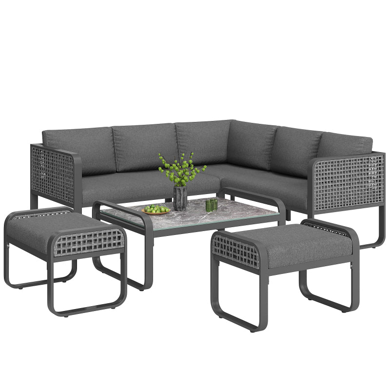 Garten-Lounge-Set, Rattan-Möbel-Set für 6-7 Personen, Ecksofa mit verzinktem Eisengestell, verstellbare Beine, inklusive aller Sitz- und Rückenkissen, grau