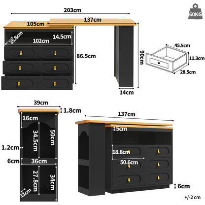 Bartisch ausziehbar 138-203cm, 360° drehbarer Stehtisch mit 6 Schubladen & Snack-Regal, moderner Küchentisch, Schreibtisch & Bar, Schwarz