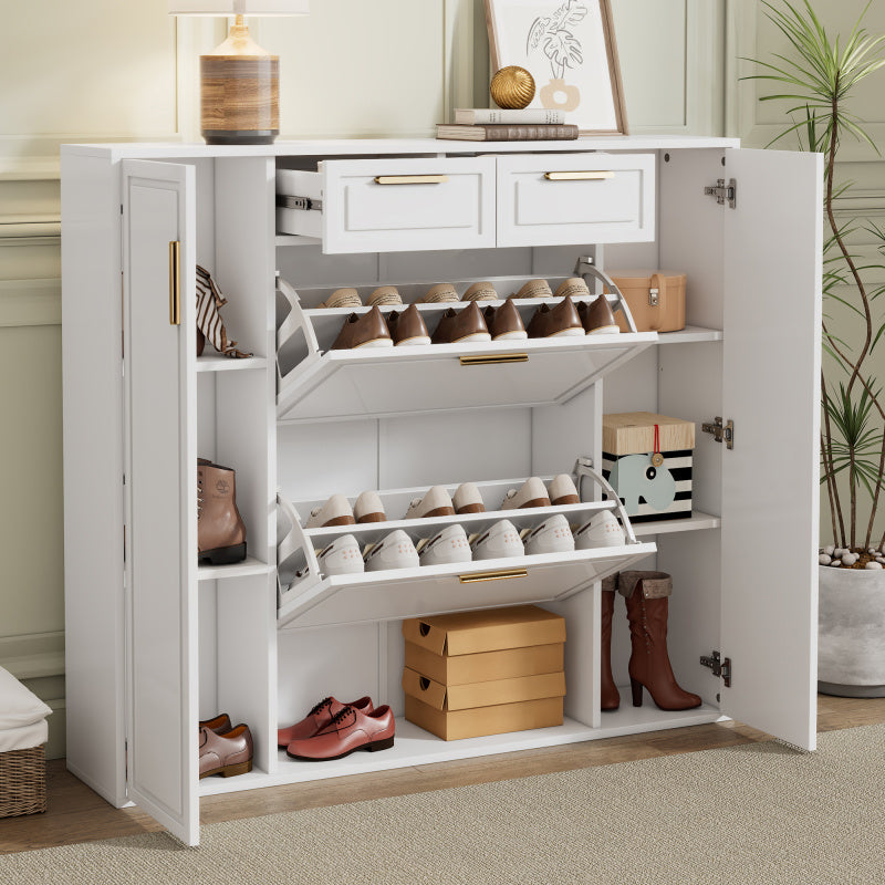 Moderne Schuhschrank, mit verstellbaren Regalen, goldenen Griffen, 2 Schubladen, Klappschuhschrank und 2 Türen, weiß