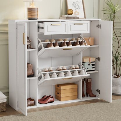 Moderne Schuhschrank, mit verstellbaren Regalen, goldenen Griffen, 2 Schubladen, Klappschuhschrank und 2 Türen, weiß