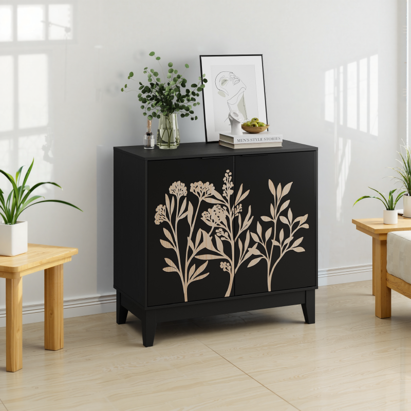 Vintage Buffetschrank mit Schnitzerei, 2 Türen & verstellbaren Regalen – Holz Sideboard für Wohnzimmer, Küche & Esszimmer, Schwarz