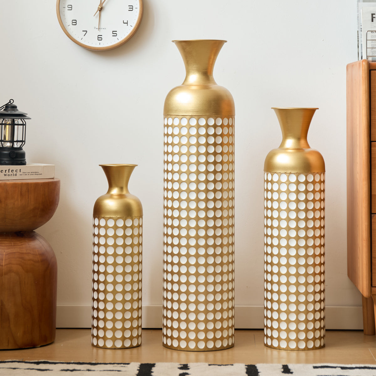 Bodenvase 3er Set Gold, Metallvase Punkte, Vintage Dekovase 83 cm, Übertöpfe groß, Standvase Gold