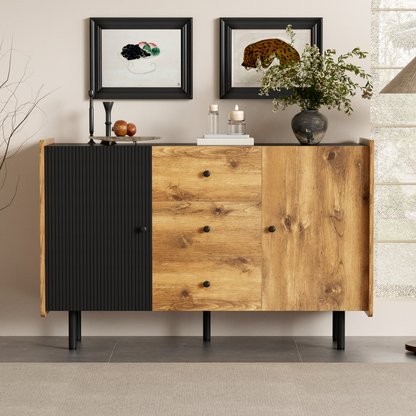 120 cm Schwarzer und Holzfarbener Sideboard - Moderner Stil, Zwei Türen und Drei Schubladen