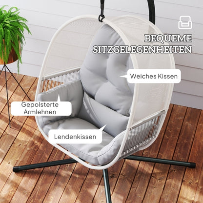 Hängesessel mit Gestell, Eiförmiger Hängeschaukel mit weichem, Outdoor, Terrasse, Garten, Hellgrau