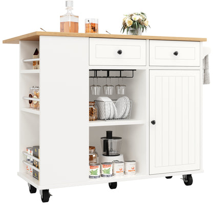 Kücheninsel mit herausnehmbaren Trennwänden, Küchenschrank, Esszimmerwagen mit Arbeitsplatte, Buffetschrank, Esszimmerwagen mit Holzmaserung, ausgestattet mit Snackhalter und Weinglasregal, weiß