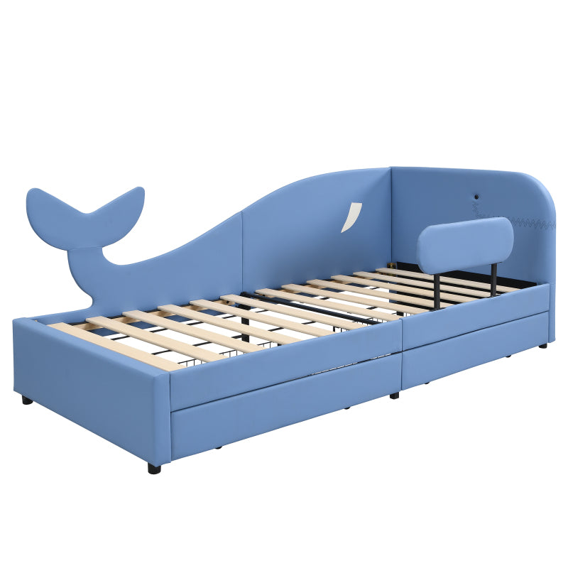 Kinder-Spleißbett, Polsterbett, Tagesbett, Walförmiges Design, Schlafsofa mit Metallbettgestell, 2 Schubladen auf Rollen, PU+MDF+Sperrholz, Blau, 90x200cm