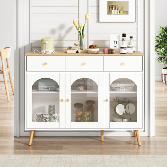 Sideboard mit 3 Schubladen und 3 gebogenen Türen mit breitem Schrank aus gehärtetem Glas für Buffettische in Küchen und Esszimmern, weiß und natur