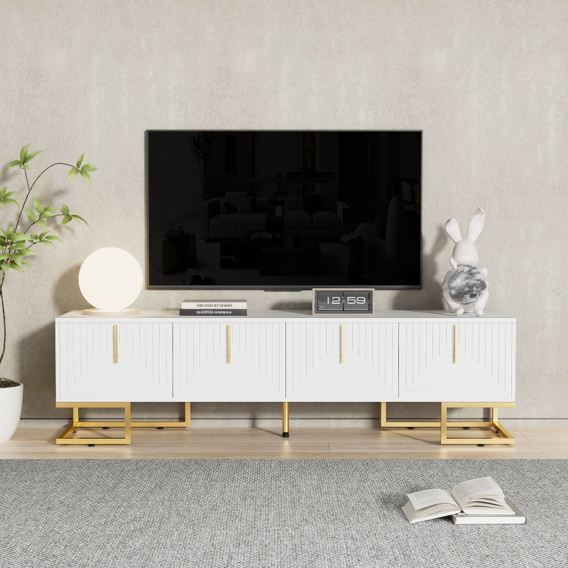 TV-Schrank, lowboard mit strukturierter Tür, TV-Möbel, goldenen Griffen und goldenen Füßen