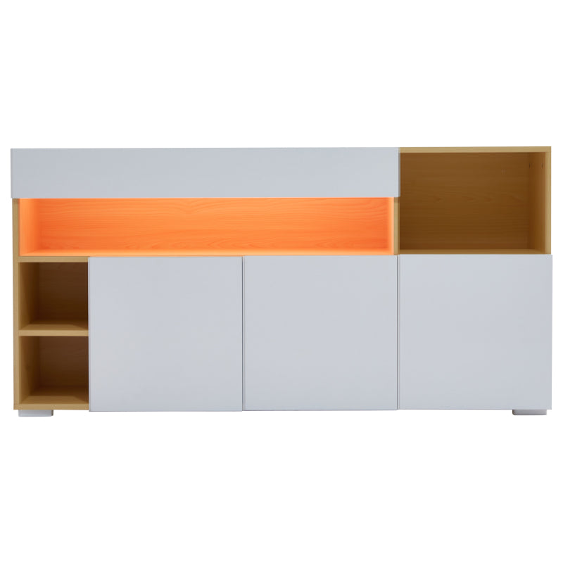 LED Sideboard Breite 140cm, Multifunktionales Sideboard,Kommode, Highboard , Luxuriöses Sideboard für Wohnzimmer, Eckschrank für Flur, Schrank für Schlafzimmer, Weiß und Eiche