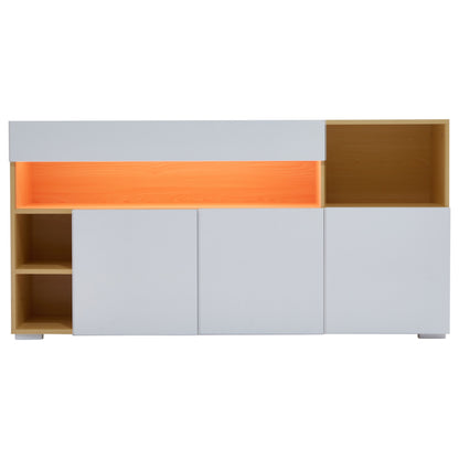 LED Sideboard Breite 140cm, Multifunktionales Sideboard,Kommode, Highboard , Luxuriöses Sideboard für Wohnzimmer, Eckschrank für Flur, Schrank für Schlafzimmer, Weiß und Eiche