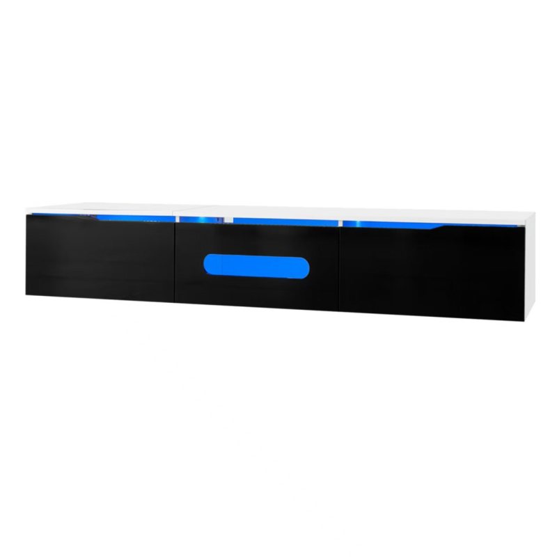 Schwarz-weißer TV-Schrank, 180 cm lang, Hochglanzoberfläche, mit 16-farbiger LED-Beleuchtung, wandmontierbar