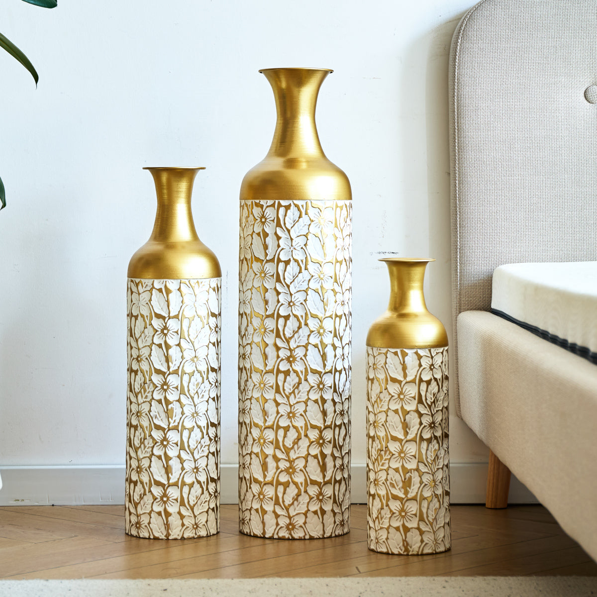 3er Set Bodenvase Metall, Weiß-Gold, Retro Stil, 83/65/50 cm hoch