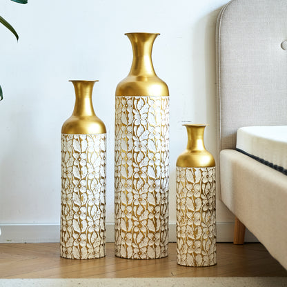 3er Set Bodenvase Metall, Weiß-Gold, Retro Stil, 83/65/50 cm hoch