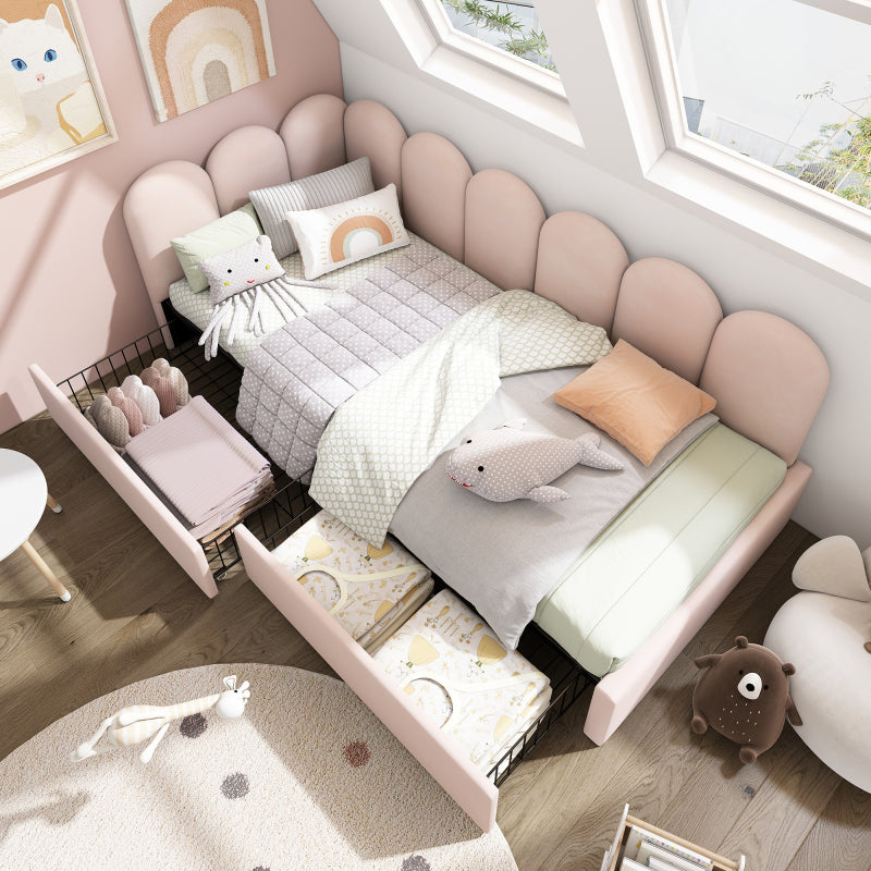 Polsterbett Einzelbett mit Schubladen Stauraumbett Samt Daybett Tagesbett Schlafsofa 90x190cm mit Lattenrost Jugendbett und Erwachsene Kinderbett,Rosa(Ohne Matratze)