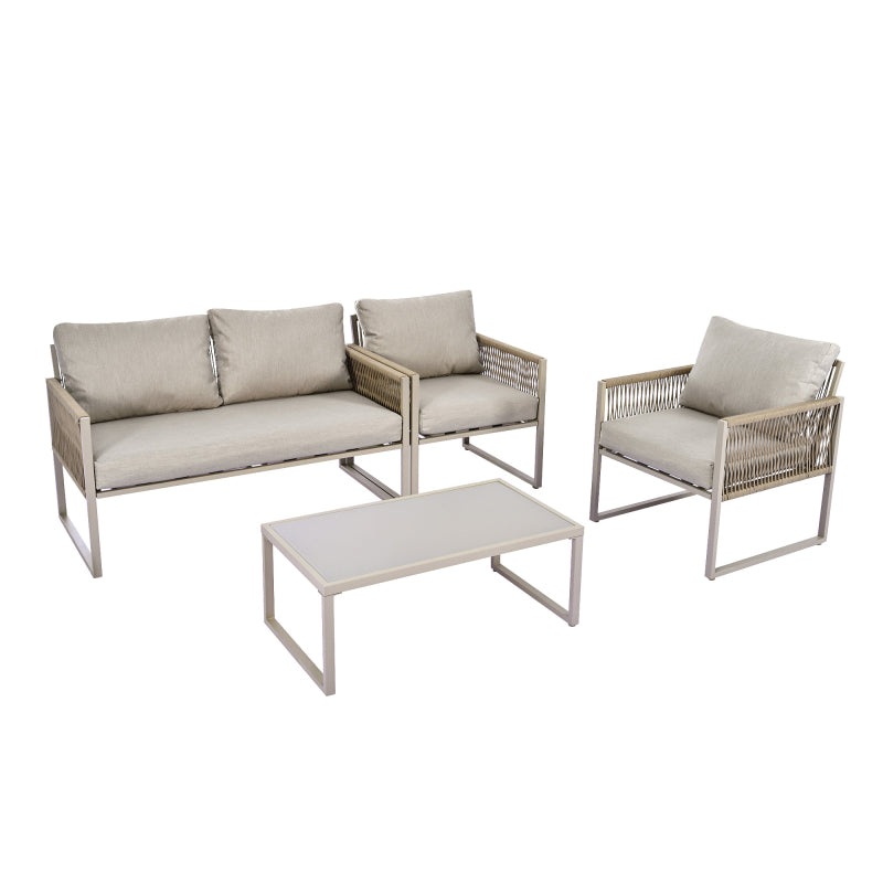 Garten-Lounge-Set mit verzinktem Eisenrahmen, Gartenmöbel-Set aus Seil, Lounge-Set aus khakifarbenem Seil mit Sitzkissen, verstellbaren Füßen, glatter Glasplatte, 4er-Set, inklusive aller Kissen