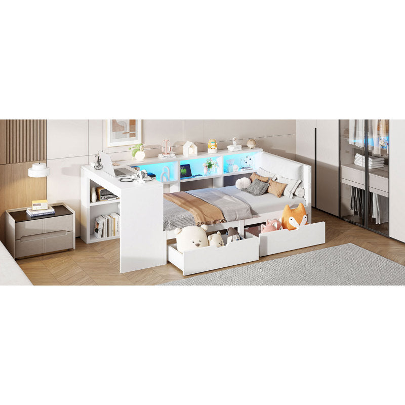 90x200 Holz-Plattformbett mit Ablageflächen, Schubladen, Ladestation und gepolstertem Kopfteil, Mit bunten LED-Leuchten, Weiß