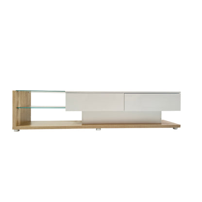 TV-Schränke, Lowboards, Kombination aus Hochglanzweiß und Holzfarben. Glastrennwände und variable LED-Beleuchtung. Es kombiniert natürlichen Landhausstil mit modernem Design.