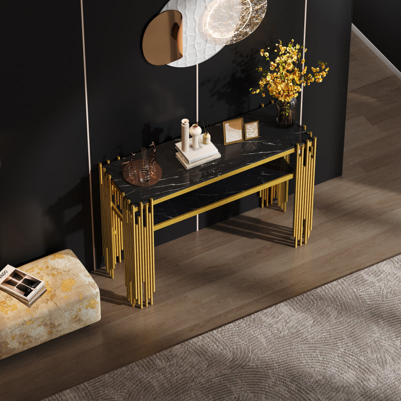 Mid-Century Modern Wohnzimmer Beistelltisch, Konsolentisch, Schwarzer Korpus mit goldenen Beinen, Doppelschicht MDF, Belastbarkeit bis 40 kg