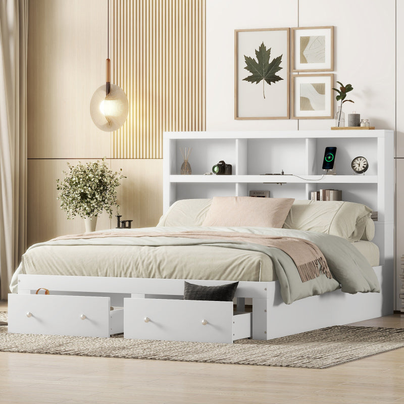 160*200cm Doppelbett, Kingsize-Plattformbett mit zwei Schubladen am Fußende des Bettes, Kopfteil mit Stauraum, Weiß