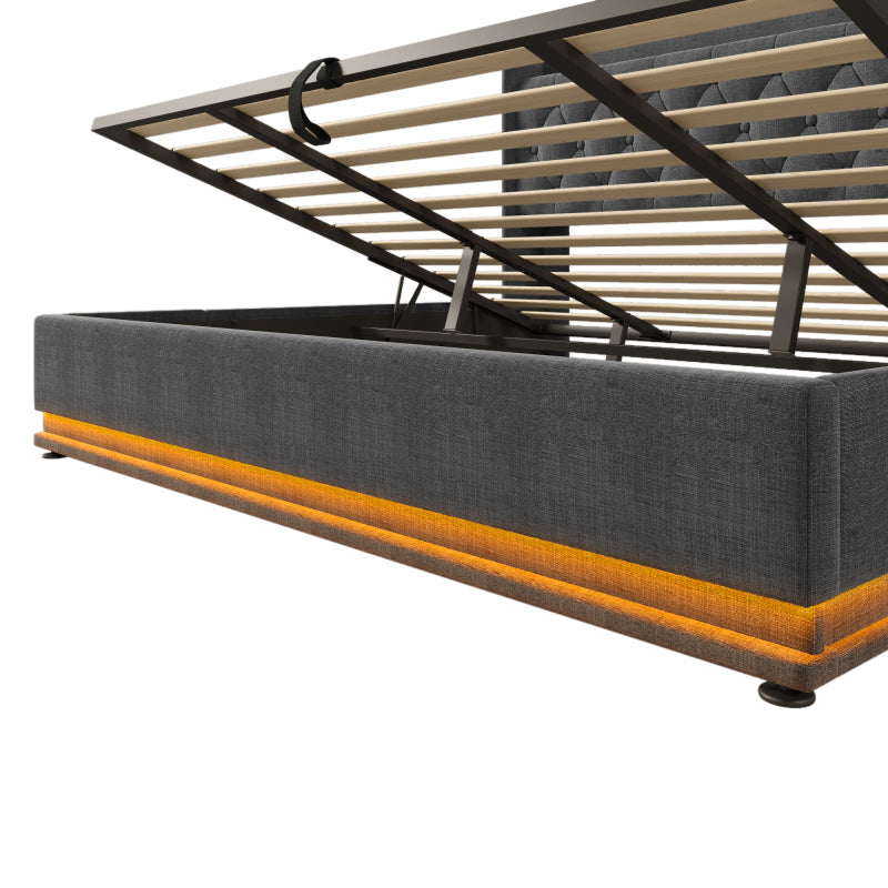 Polsterbett Doppelbett, 360-Surround-LED-Funktion, Drucktaste/App/Fernbedienung,180*200 cm,Grau Leinen-Material Hydraulisches Lagerbett, gepolstertes Kopfteil mit USB Typ-C Ladefunktion(Ohne Matratze)