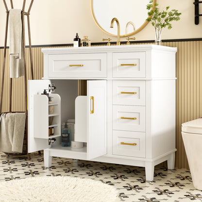 Badezimmer-Unterschrank 90×46×87 cm, weiß lackiert, Keramikwaschbecken, leise Schubladendämpfung, Massivholzbeine, viel Stauraum, goldene Griffe