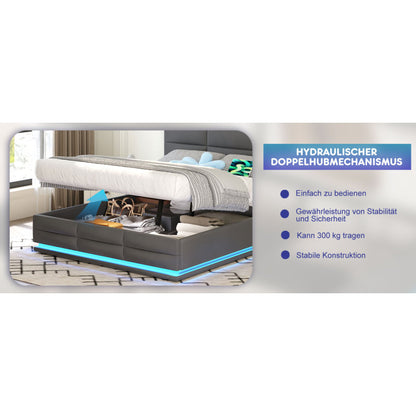 160 x 200 cm Bettgestell aus weichem Samt mit USB Type C Ladefunktion und LED Beleuchtung, Hydrauliksystem Stauraum Bettgestell aus Samtmaterial Jugendbett mit Lattenrost, Grau