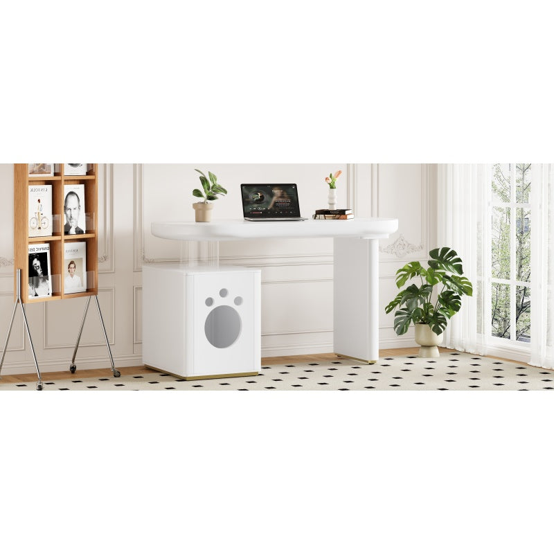 Schreibtisch mit Haustierbett, komplett lackiert, abgerundete Kurven, 5 cm dicke Beine, stabil und modern, Haustiergrößen M–XL