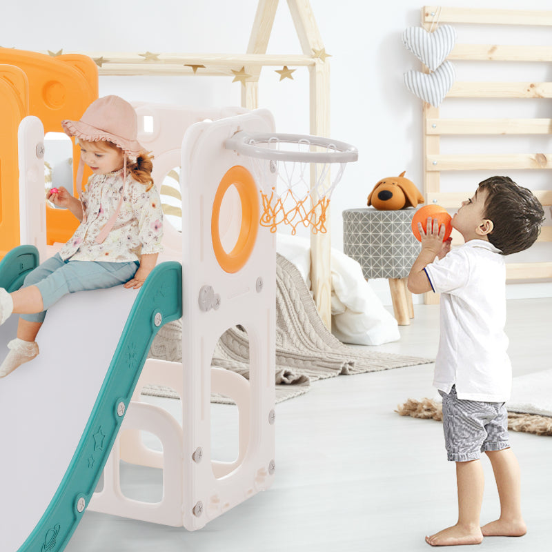 Bären Kinder 6-in-1 Rutsche mit einer Rutsche, zwei Plattformen, zwei Bodenschrankfächern, Basketballkorb und Treppe - Hochdichtes Polyethylen (Ozeanbälle nicht enthalten