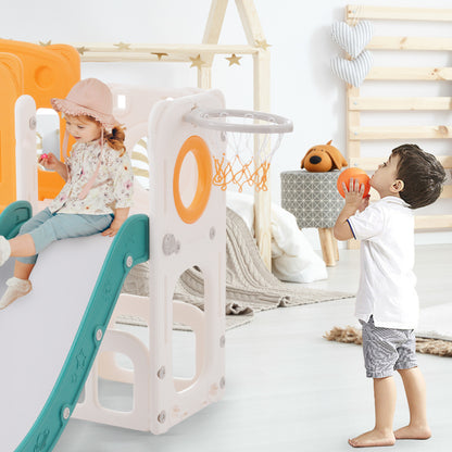 Bären Kinder 6-in-1 Rutsche mit einer Rutsche, zwei Plattformen, zwei Bodenschrankfächern, Basketballkorb und Treppe - Hochdichtes Polyethylen (Ozeanbälle nicht enthalten