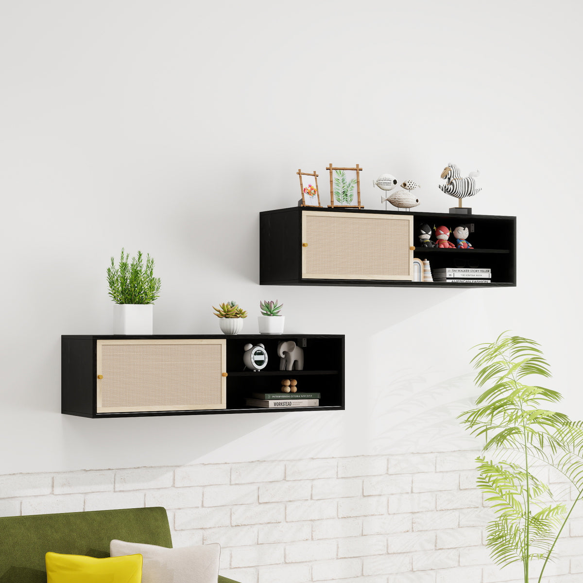 Sideboard 110x40x31 cm, TV-Schrank oder Hängeschrank, Kunst-Rattan Schiebetüren, Goldgriffe, Verstellbare Böden